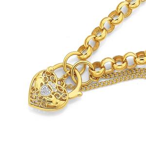 9ct Gold 19cm Solid Belcher Diamond Claddagh Padlock Bracelet