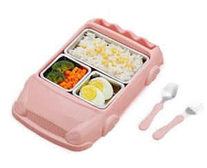 Car Shaped Stainless Steel Divided Dinner Plate and Cutlery Set - Pink