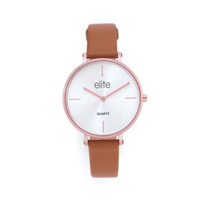 Elite Ladies Rose Tone Leather Watch