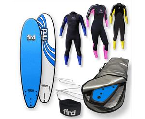 FIND 8Ɔ" TuffPro MiniMal BLUE Soft Surfboard Softboard + Cover + Leash + Wetsuit Package - Blue