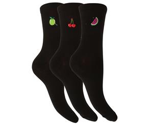 Foxbury Womens/Ladies Fruit Design Cotton Rich Black Socks (3 Pairs) (Design 2) - W487