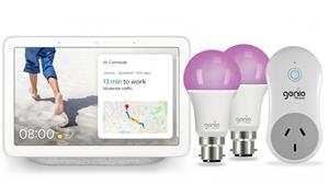 Google Nest Hub(Chalk) + Mirabella Genio B22 Light Bulb (2 Pack) + Genio Plug Bundle