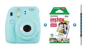 Instax Mini 9 Instant Camera - Ice Blue with Arrow Strap & 10 Pack of Film