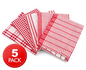 RANS Milan Stripe & Check Tea Towels 5-Pack - Red