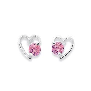Silver Pink Cubic Zirconia Heart Studs