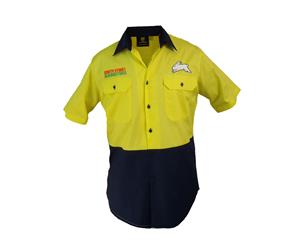 South Sydney Rabbitohs NRL Short Sleeve Button Work Shirt HI VIS YELLOW NAVY