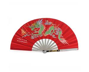 Tai Chi Fan - Steel - Red w/Coloured Dragon