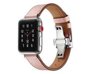 WIWU New Genuine Leather Watch Band Silver Metal Butterfly Buckle For Apple Watch 5/4/3/2/1-Pink