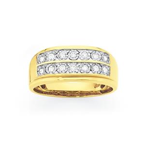 9ct Gold Diamond Double Row Gents Ring