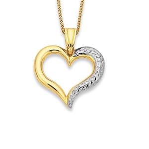 9ct Gold Two Tone Diamond Cut Open Heart Pendant