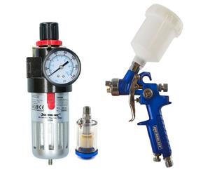 AB Tools Mini HVLP Gravity Feed Spray Gun 1mm & Inline Moisture Pressure Regulator