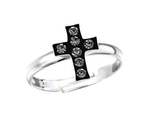 Children's Sterling Silver and Crystal Cross Adjustable Ring Grey