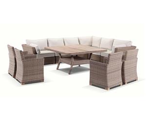 Coco 11 Piece Outdoor Modular Corner Lounge And Dining Table And Chairs Setting - Brushed Wheat Cream cushions - Outdoor Wicker Lounges