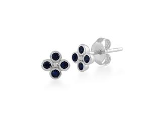 Floral Round Sapphire Bezel Set Clover Stud Earrings in 925 Sterling Silver