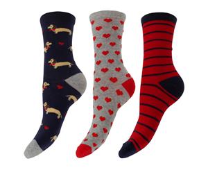 Foxbury Womens/Ladies Patterned Cotton Rich Socks (Pack Of 3) (Blue/Grey/Red) - W526