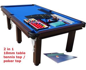 POOL TABLE 8FT SNOOKER BILLIARD TABLE 6 LEG LEATHER POCKETS WITH TABLE TENNIS / POKER TOP