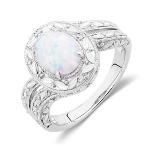 Ring with Created Opal & Diamonds in Sterling Silver