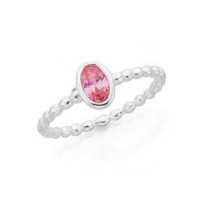 Silver Pink Cubic Zirconia Oval Bezel Set Friendship Ring