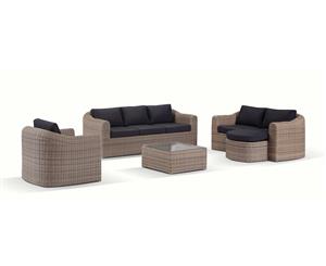 Subiaco 3+2+1 Seater Lounge Setting With Coffee Table And Ottoman - Outdoor Wicker Lounges - Brushed Wheat Denim Cushion