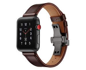 WIWU New Genuine Leather Watch Band Black Metal Butterfly Buckle For Apple Watch 5/4/3/2/1-Darkbrown