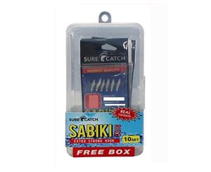10 Pack of Surecatch Sabiki Jigs in Tackle Box - 10 x Real Fish Skin Bait Jigs