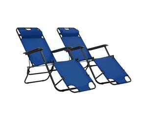 2x Folding Sun Loungers with Footrests Steel Blue Camping Beach Seating