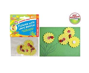 4pce Self Adhesive Wooden Flower with Lady Beetle - Scrapbooking & Craft