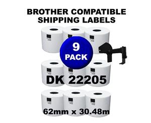 9 Rolls Brother Compatible Direct Thermal Labels DK 22205 62mm x 30.48mm With Cartridge