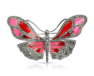 Art Nouveau Round Marcasite & Red Enamel Butterfly Brooch in 925 Sterling Silver