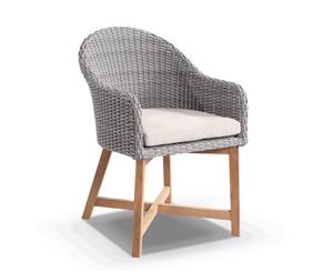 Coastal Wicker Outdoor Dining Chair With Teak Timber Legs In Brushed Grey - Outdoor Wicker Chairs - Brushed Grey and Denim cushion