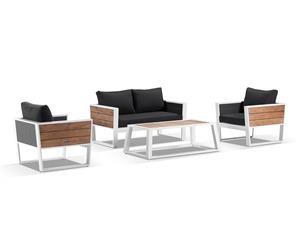 Corfu 2+1+1 Aluminium And Teak Timber Lounge With Coffee Table - White Aluminium with Denim - Outdoor Aluminium Lounges
