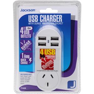Jackson 4 Outlet USB Charger with Surge Protected Power Outlet