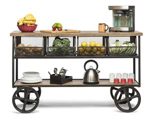 Retro Kitchen Island Wooden Iron Trolley Cart Bench with 4 Drawer Storage