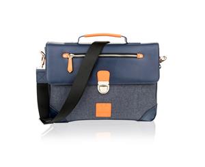 Woodland Leather Navy With Orange Trim Flap Over Satchel Briefcase 14.5" Multi Compartments