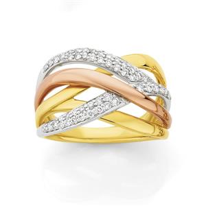 9ct Tri Tone Diamond Pave Crossover Dress Ring