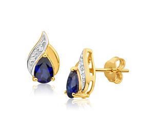9ct Yellow Gold Created Blue Sapphire + Diamond Stud Earrings