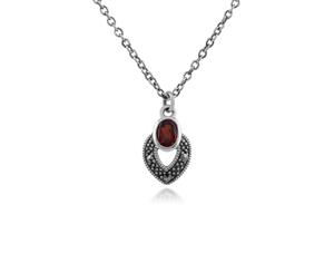Art Deco Style Oval Garnet & Marcasite Necklace in 925 Sterling Silver