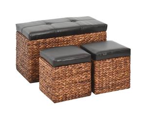 Bench with 2 Ottomans Seagrass Brown and Black Storage Chest Organiser