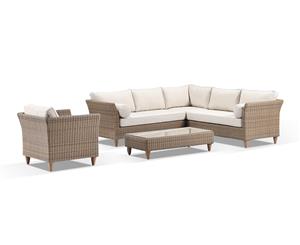 Carolina Outdoor Corner Lounge With Arm Chair & Coffee Table - Brushed Wheat Cream cushions - Outdoor Wicker Lounges