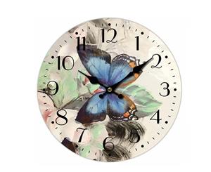 Clock French Country Vintage Wall Hanging 34cm BLUE BUTTERFLY New