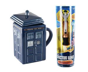 Doctor Who 12th Doctor's Sonic Screwdriver Replica & 17oz TARDIS Mug w/ Lid Bundle