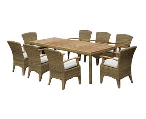 Kai 8 Rectangle Dining Table Setting In Half Round Wicker - Brushed Wheat Cream cushion - Outdoor Wicker Dining Settings