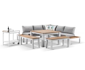 Nova Outdoor Aluminium Lounge & Dining Setting W/ Bar Cart - Outdoor Aluminium Lounges - White with Textured Grey