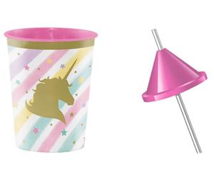 Unicorn Sparkle Set of 4 Favour Cups with Pink Lids & Straws