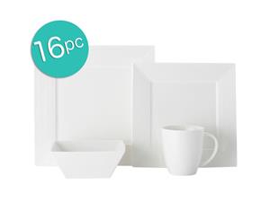 16pc Casa Domani Casual White Evolve Square Mugs Bowls Dinner Side Plates Set