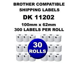 30 Rolls Brother Compatible Direct Thermal Labels DK 11202 62mm x 100mm