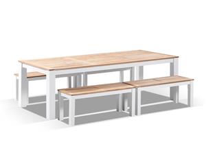 Balmoral 2.5M Teak Top Aluminium Table With Bench Seats - Outdoor Teak Dining Settings - White Aluminium