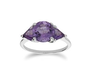 Classic Round & Prism Amethyst Three Stone Ring in 925 Sterling Silver