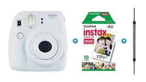 Instax Mini 9 Instant Camera - Smokey White with Aztec Strap & 10 Pack of Film