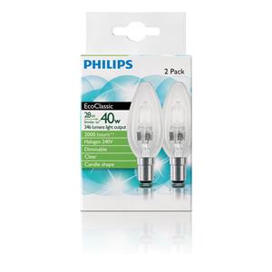 Philips 28w Clear Small Bayonet Clip EcoClassic Candle Globe - 2 Pack